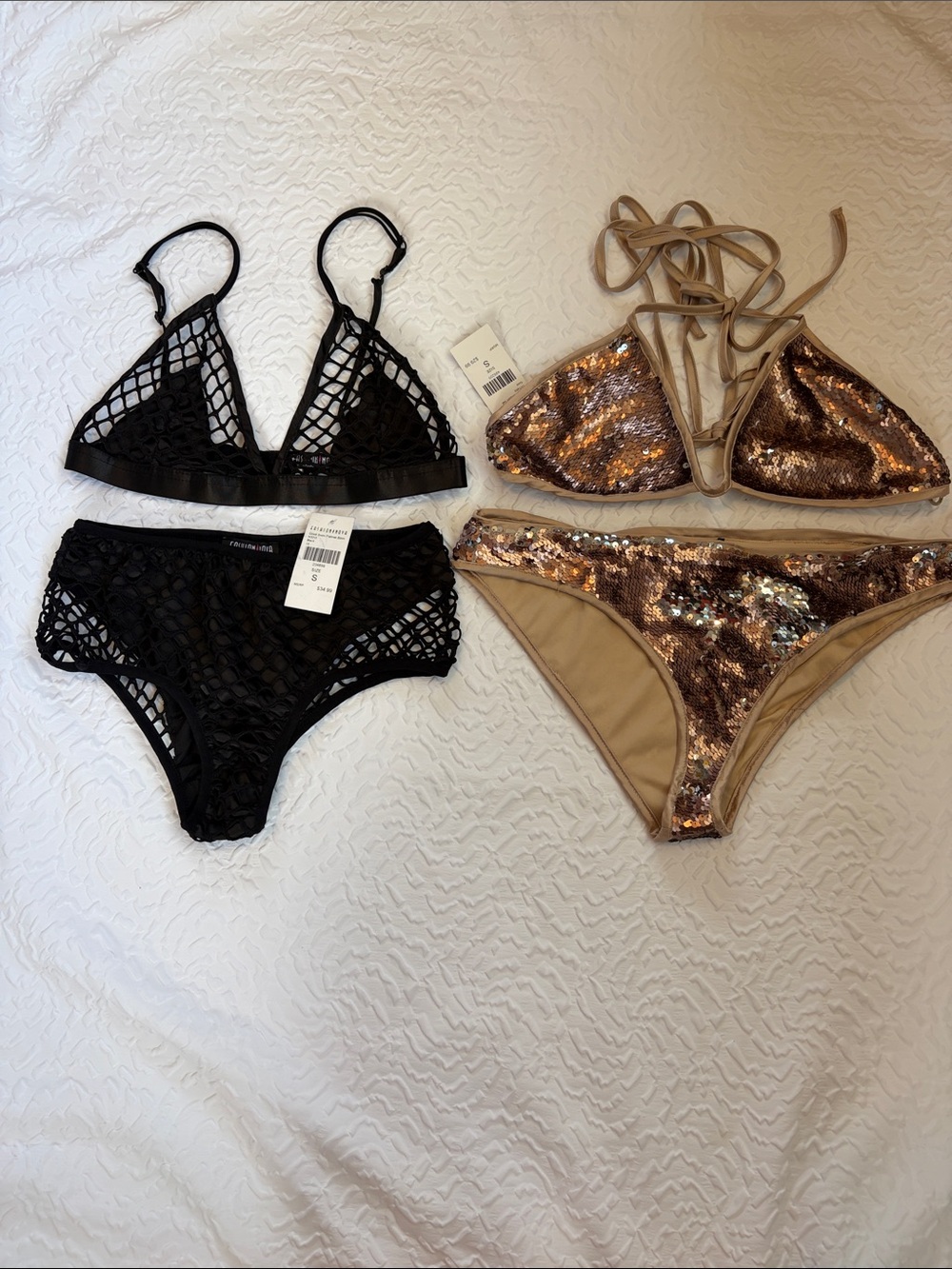 Fashion Nova swim Black Netting Gold Sequins Size Small Bikini 2 Piece NWT